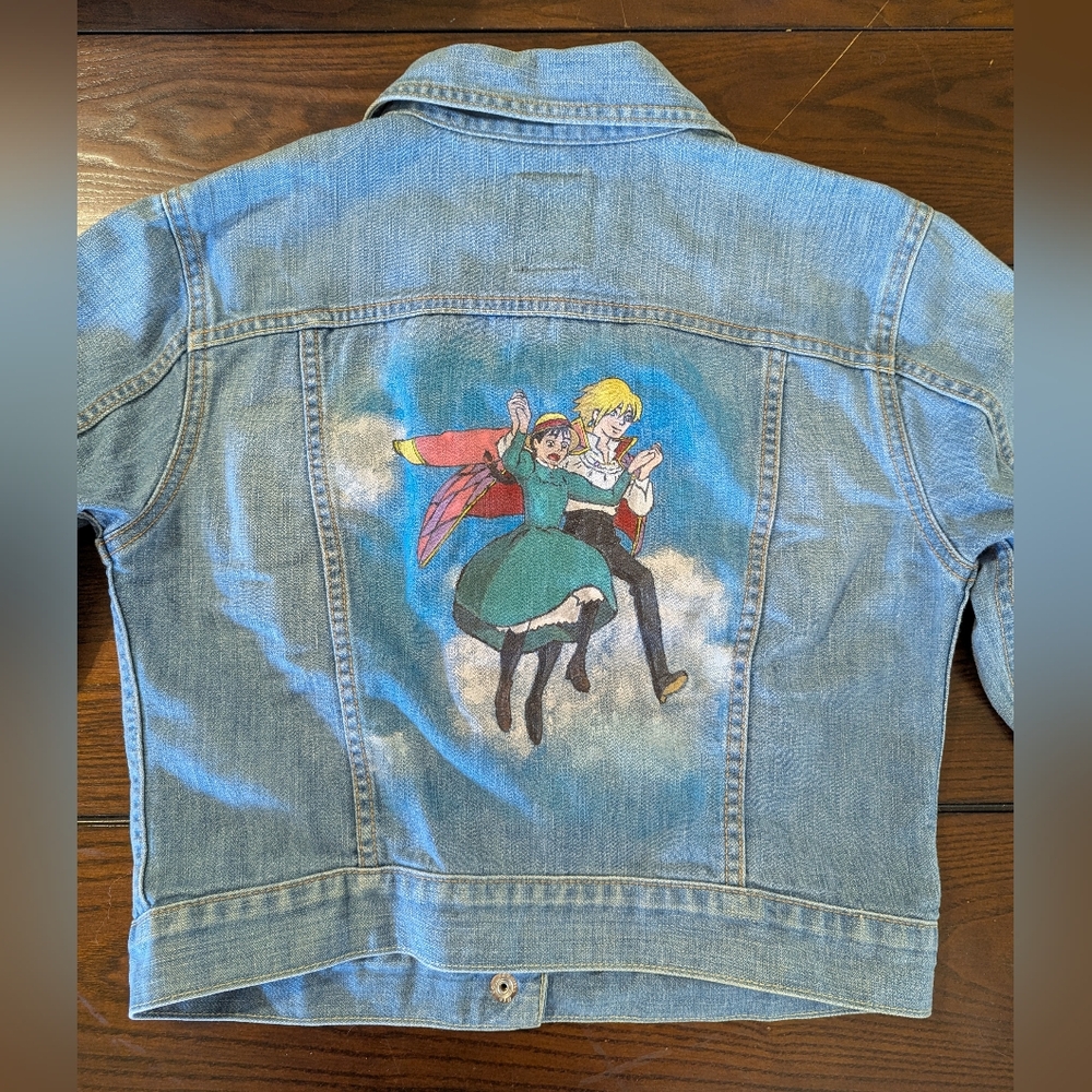 Hand-painted Howls Moving Castle Romantic Scene Lucky Brand Denim Jacket sz M